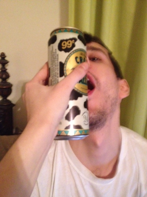 10:14pm sam with 99 cent can of 'crazy stallion' brand beer (Mira)