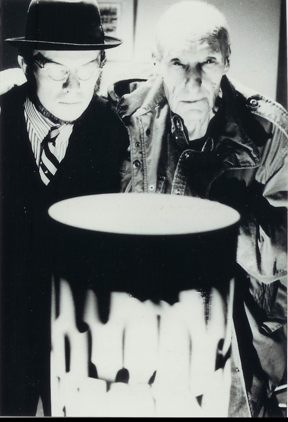 David Woodard and Burroughs standing in front of a dreamachine invented by Brion Gysin; Burroughs collaborated with Gysin in popularizing the literary cut-up technique, with which he wrote The Soft Machine, The Ticket That Exploded, and Nova Express.