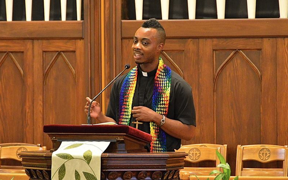 Lawrence Richardson preaching at First United Church of Christ in Northfield, MN in 2013 .