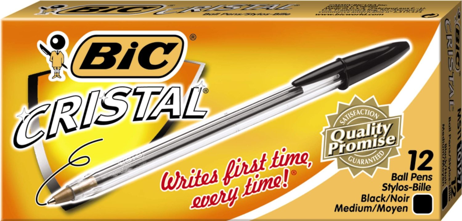 BIC Cristal Stic Ball Pen, Medium Point , 1.0 mm, Black, 12 Pens (MS11-Blk)