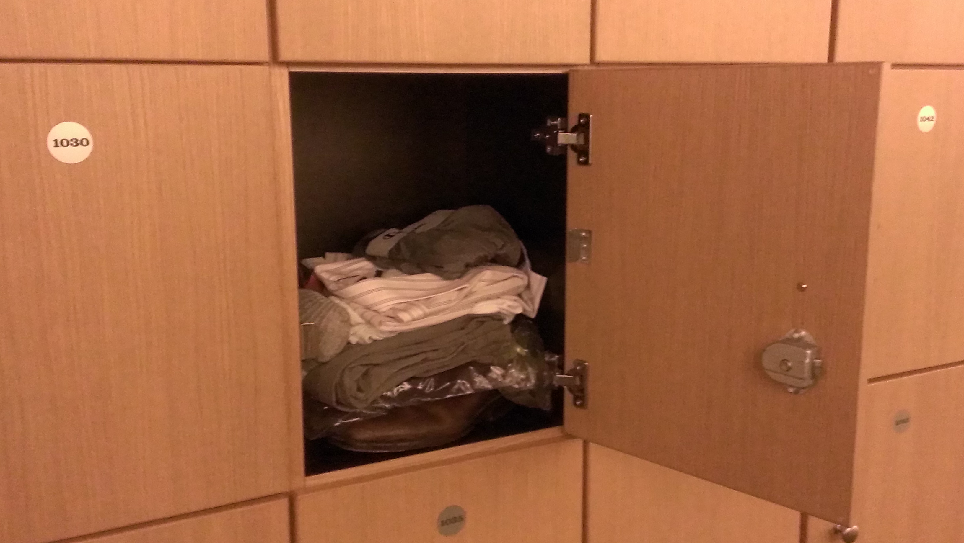 One of nine cubbies—this one he calls the “closet”—Felix rents to store his personal belongings. 