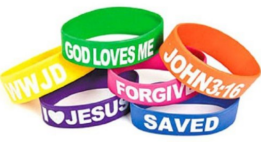 Wholesale Rubber Religious Big Band Bracelets God Loves Me, I Love Jesus, Saved, Forgiven, John 3:16 and WWJD (12 Pack)
