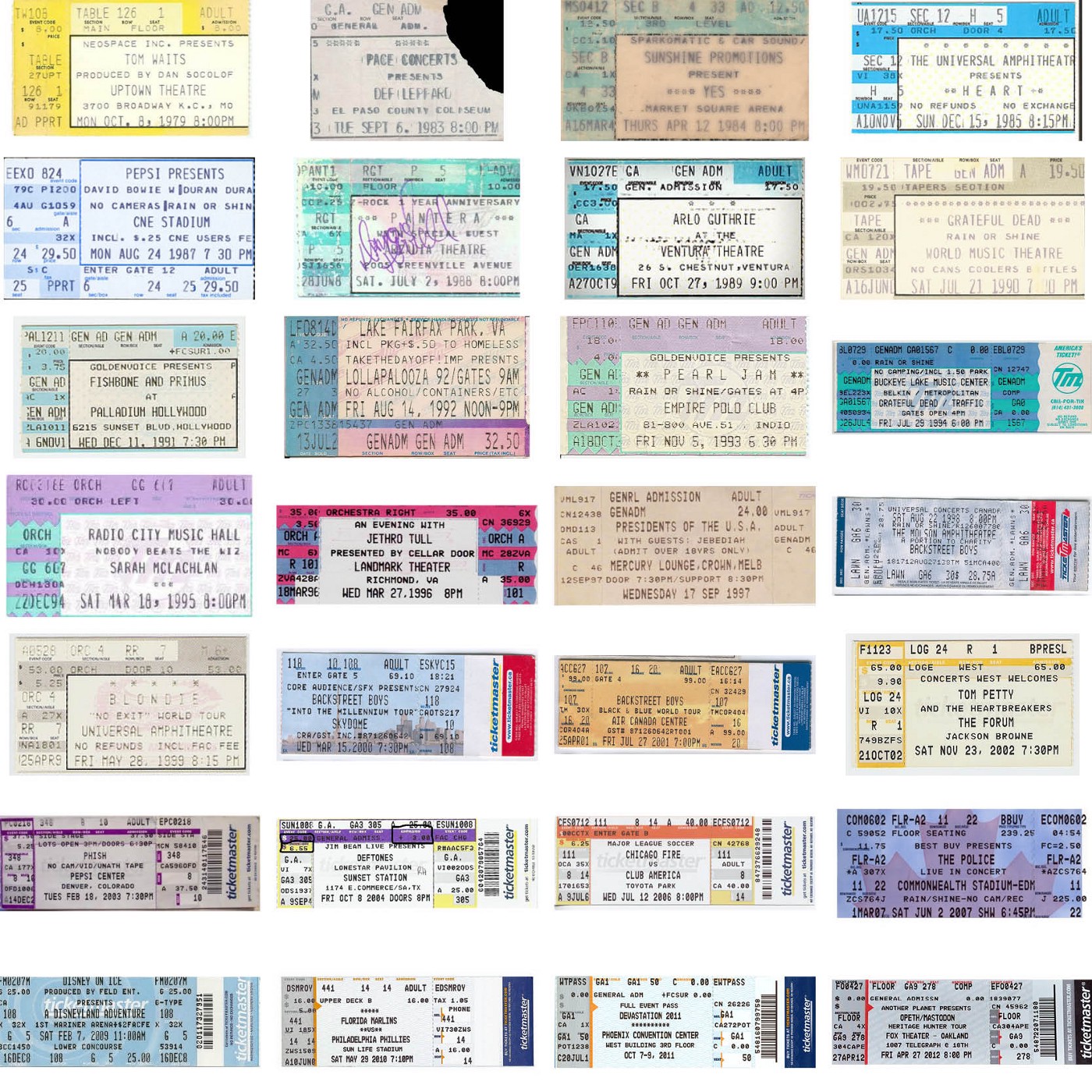 N. American Ticketmaster tickets from 1979–2013.Notice that in more recent years, the ticket stubs are still attached.