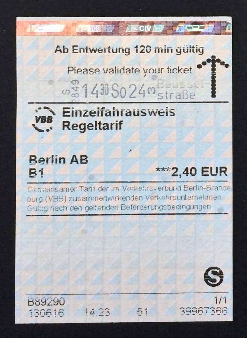 S-Bahn Train Ticket from Berlin. It has a hologram at the top to prevent counterfeiting.