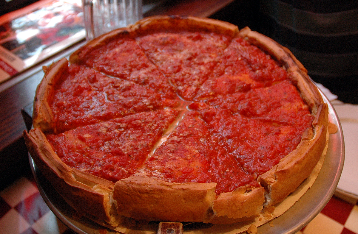 Chicago Style Pizza with a rich tomato topping. Credit: caribb