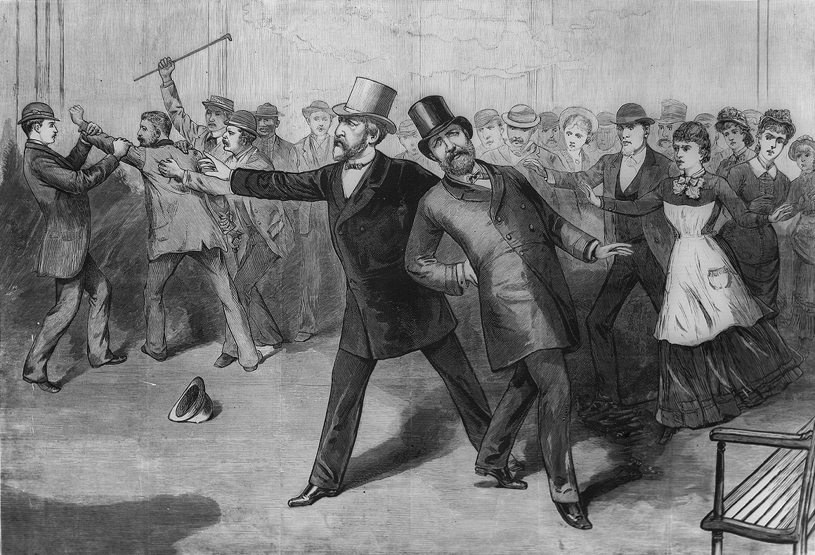 An engraving of James A. Garfield's assassination, published in Frank Leslie's Illustrated Newspaper. The caption reads "Washington, D.C.—The attack on the President's life—Scene in the ladies' room of the Baltimore and Ohio Railroad depot—The arrest of the assassin / from sketches by our special artist's [sic] A. Berghaus and C. Upham." President Garfield is at center right, leaning after being shot. He is supported by Secretary of State James G. Blaine who wears a light colored top hat. To left, assassin Charles Guiteau is restrained by members of the crowd, one of whom is about to strike him with a cane.  Credit: A. Berghaus and C. Upham, published in Frank Leslie's Illustrated Newspaper.