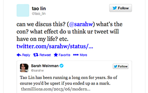 Does Tao Lin Have A Case Against Sarah Weinman For Defamation Over Her Tweet?