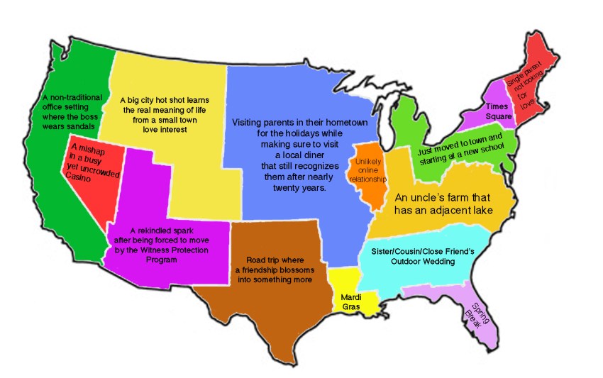 A US Map Of Romantic Comedy Settings Or Storylines Based On Location