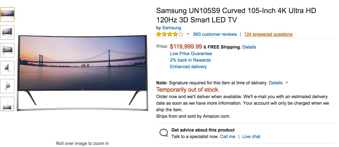 Samsung UN105S9 Curved 105-Inch 4K Ultra HD 120Hz 3D Smart LED TV