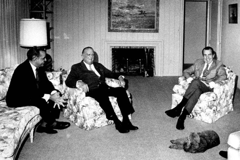 Left to right: Reputed Cuban mob associate Charles "Bebe" Rebozo, cross-dressing FBI chief J. Edgar Hoover, Richard "Tricky Dick" Nixon. The gay is very strong in this room. (Wikimedia Commons)