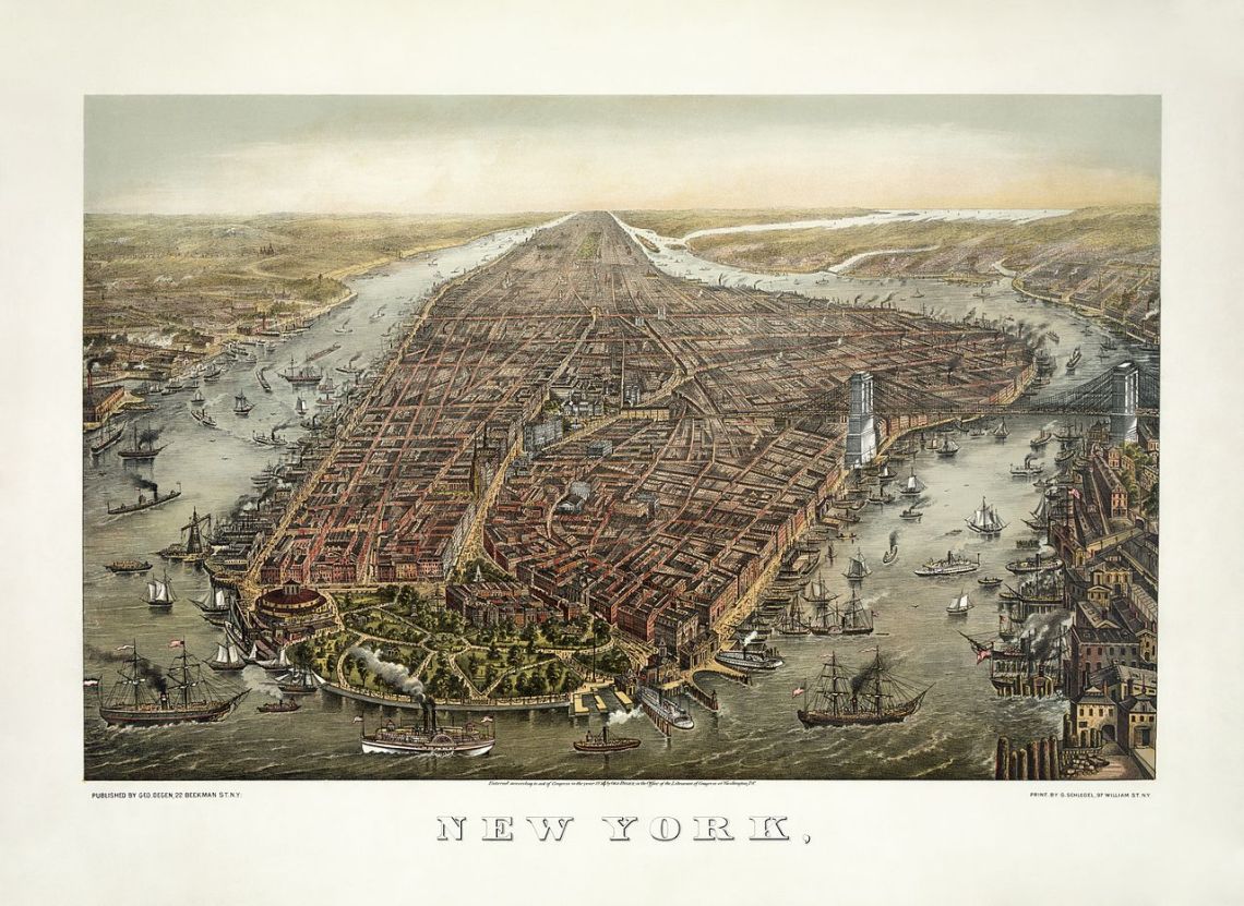 Lithograph. Bird's-eye view of New York with Battery Park in the foreground and the Brooklyn Bridge on the right. Restored by Adam Cuerden, 1874