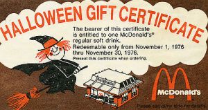 halloween mcd's 1976 gift certificate