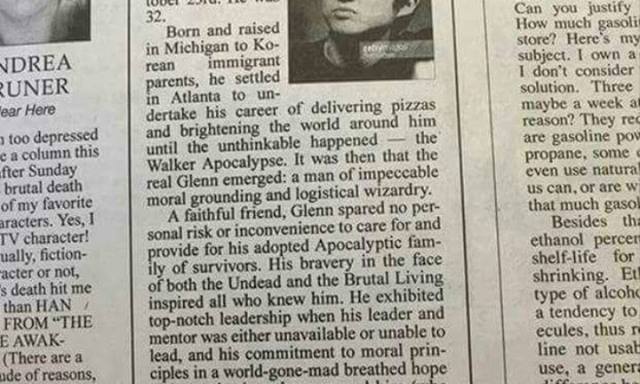 Somebody Sent An Obituary For Walking Dead’s ‘Glenn’ To A Real Newspaper And It’s Hilarious