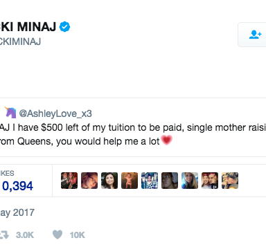 Nick Minaj Spent All Day Paying Off People’s Student Loans On Twitter And It’s Completely Incredible