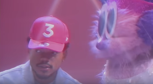 Chance the Rapper with a giant muppet in his music video "Same Drugs"