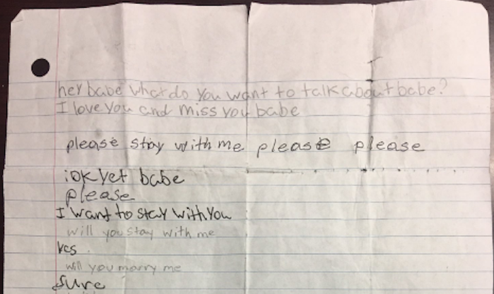 A note written by middle schoolers found in a movie theater