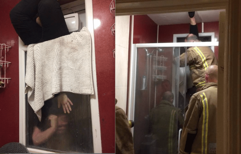 Tinder date gets stuck in a window and the firemen have to help her out