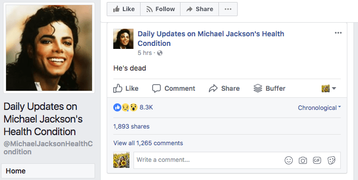 Michael jackson fanpage on facebook called 'Michael Jackson Health Updates'