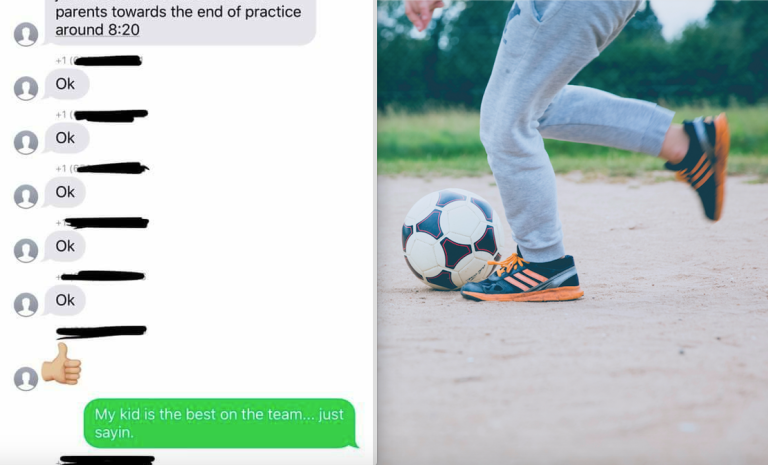 a group chat with soccer moms and a boy playing soccer