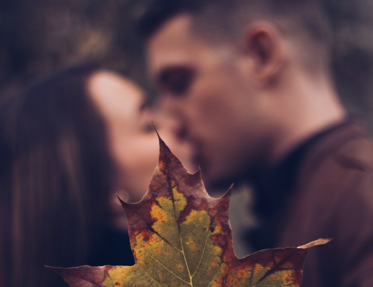 couple kissing with leaf, happy couple, loving you, forever love