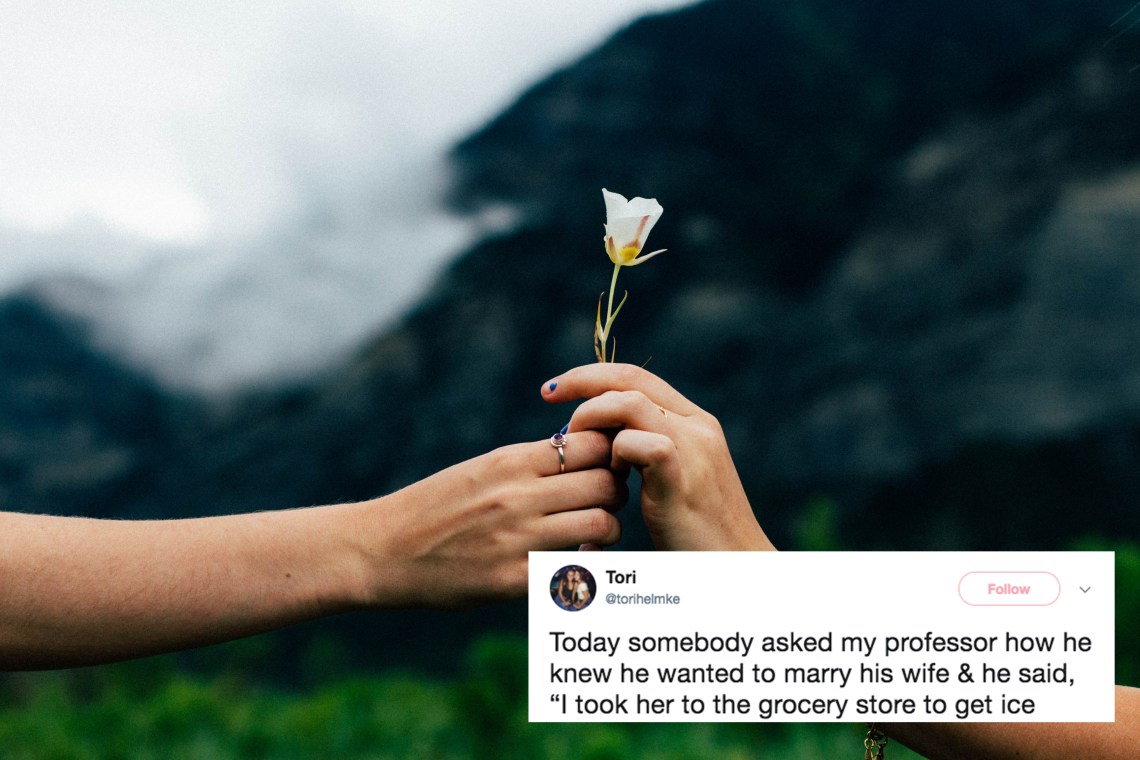 A couple holding a flower together and a cute tweet