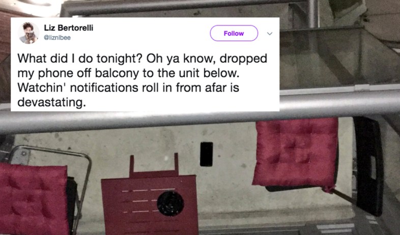 a woman dropped her iphone on her neighbor's balcony