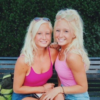 Twin sisters Patty and Amy posing together cutely