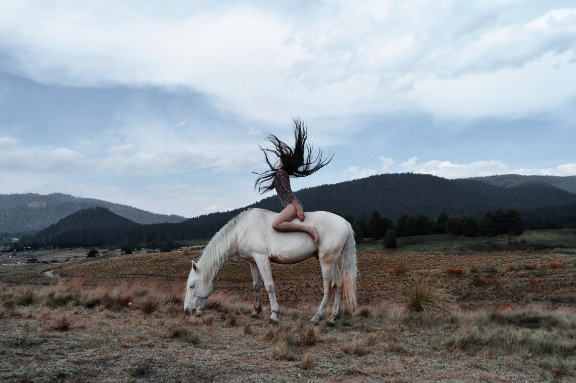 woman flipping her hair on a white horse