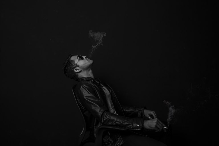 leather jacket man black and white smoke