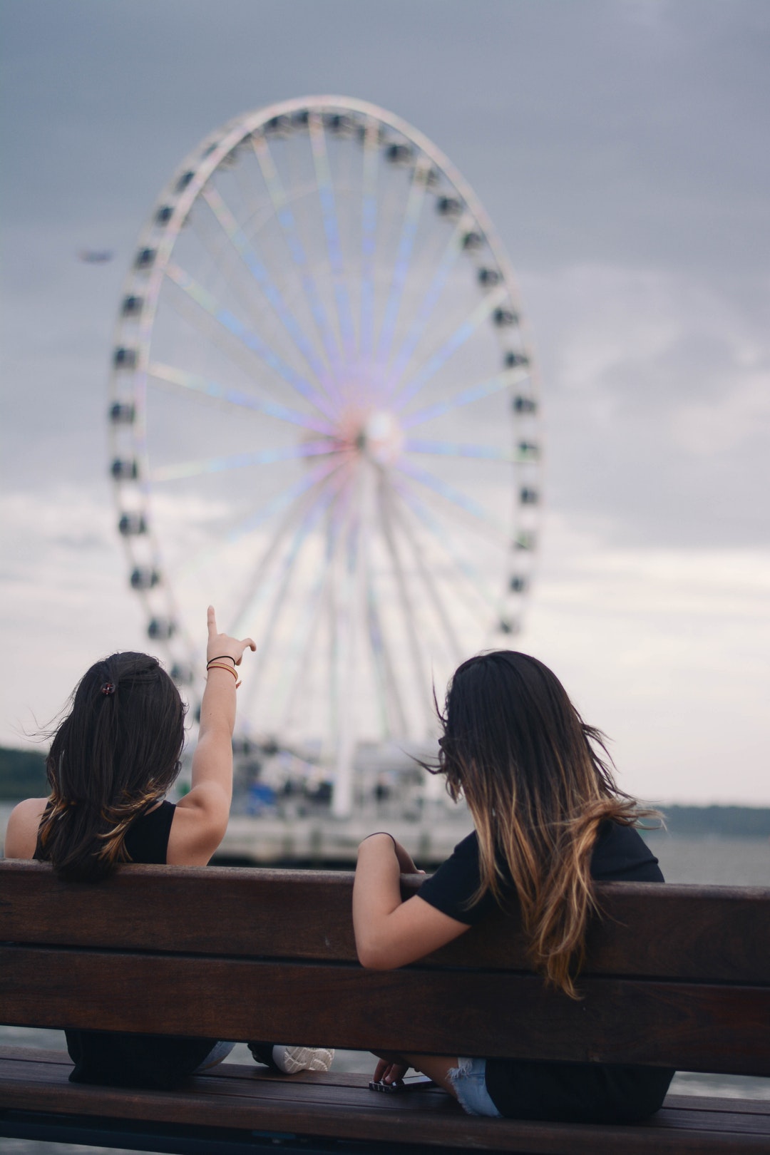 Women sitting on wooden bench looking and pointing at the National Harbor Ferris Wheel