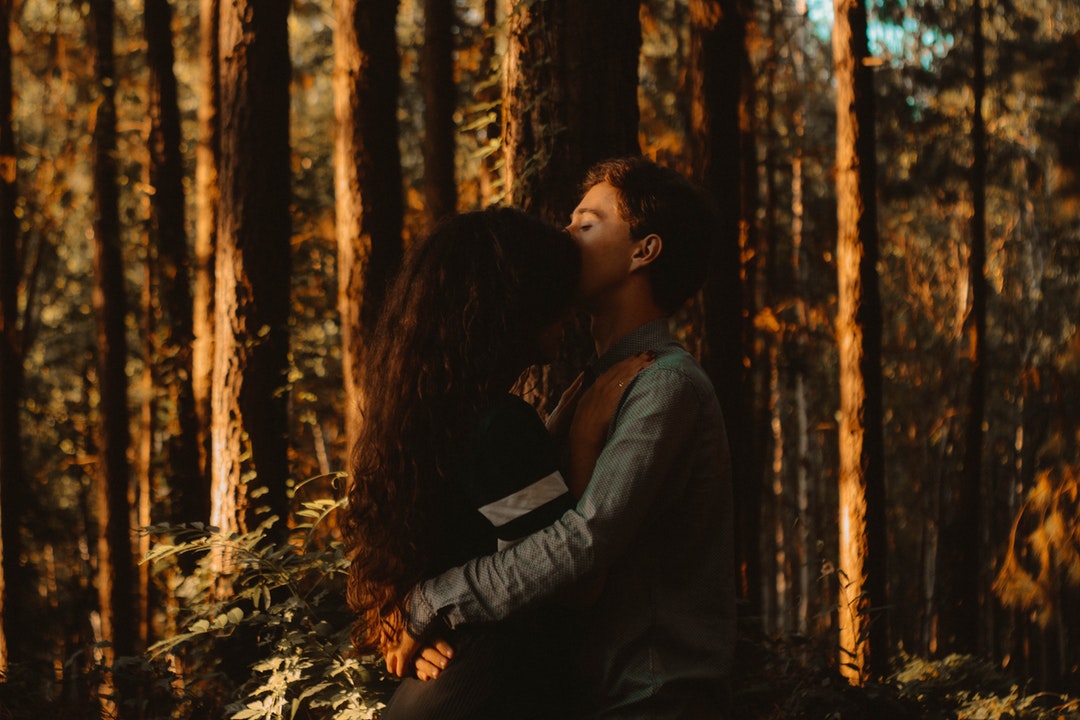 A man kisses a woman's forehead in a sunlit forest of trees