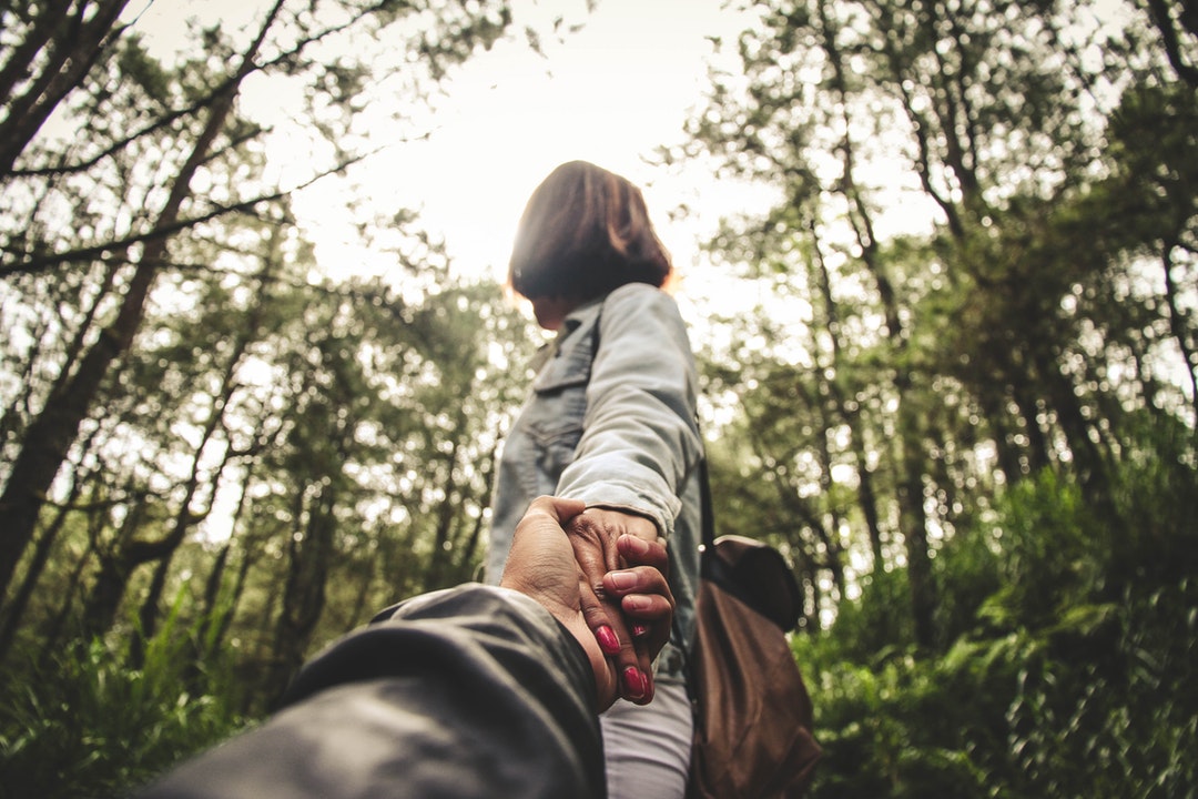 A couple holding hands walking through the forest together