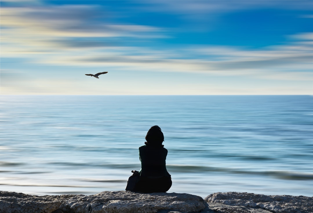 silhouette photo of person sitting on rock at the seashore