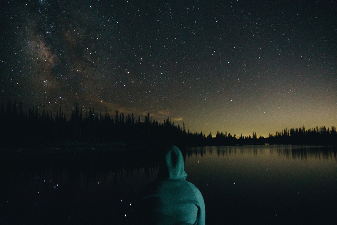 person wearing green hoodie facing on body of water and trees