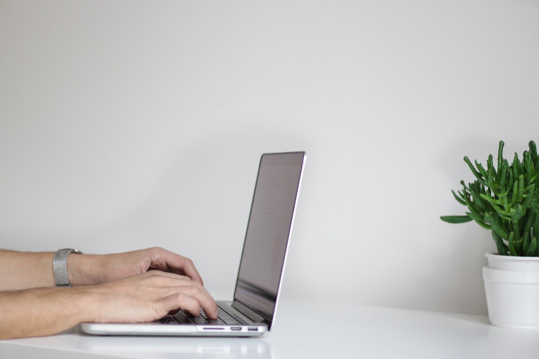 A man's hands typing on a laptop on a white desktop with a potted plant