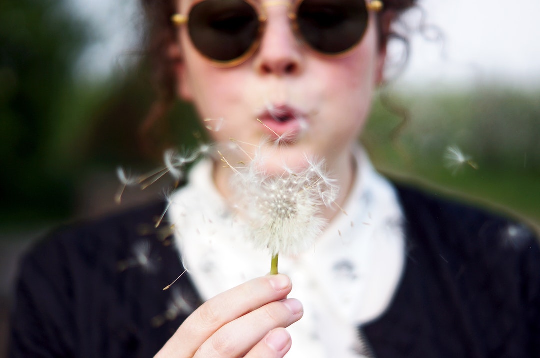 A woman blowing at a dandelion seed head