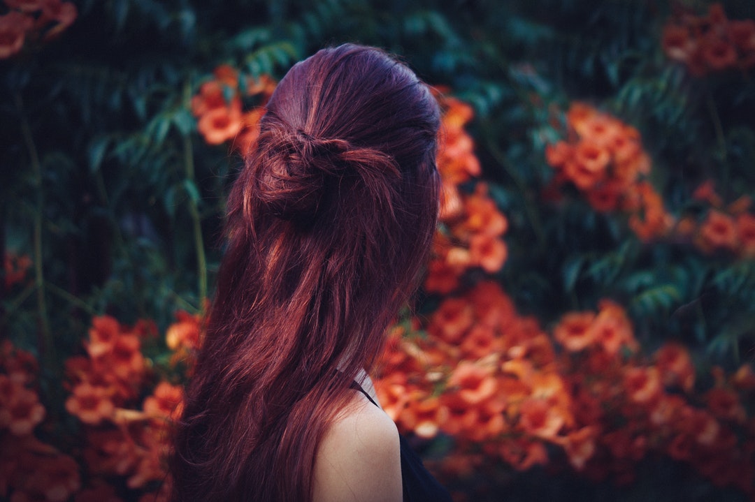 The back of the head of a dark-haired woman in a garden full of red flowers