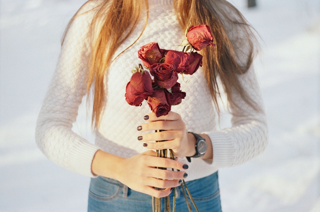Low Shot of woman holding a bouquet of dried and wilted red roses
