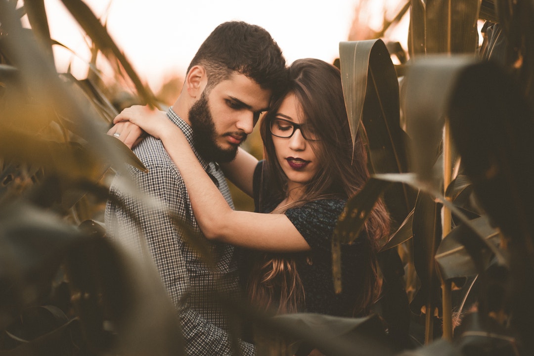 Couple embraces and looks down while standing in a cornfield