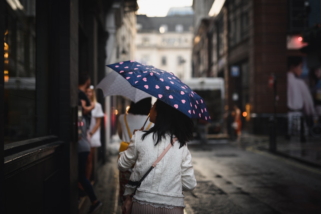 woman walking on sidewalk under umbrella