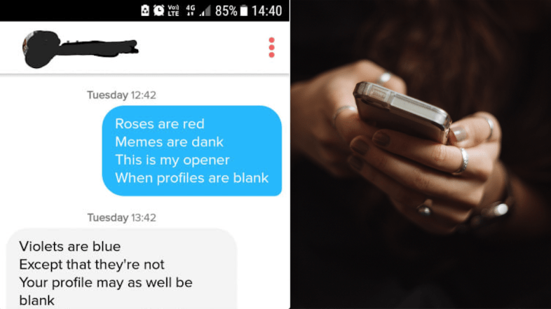 A Tinder Message opener with a poem and a person texting back
