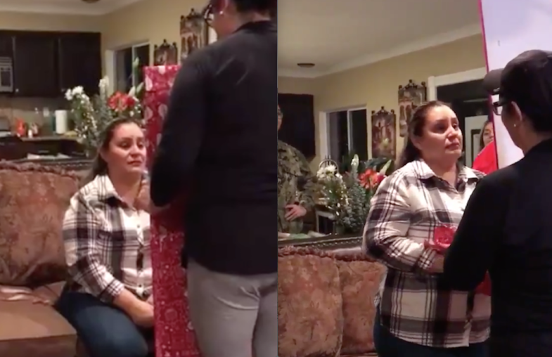 Mom looks in the mirror to see her Christmas present