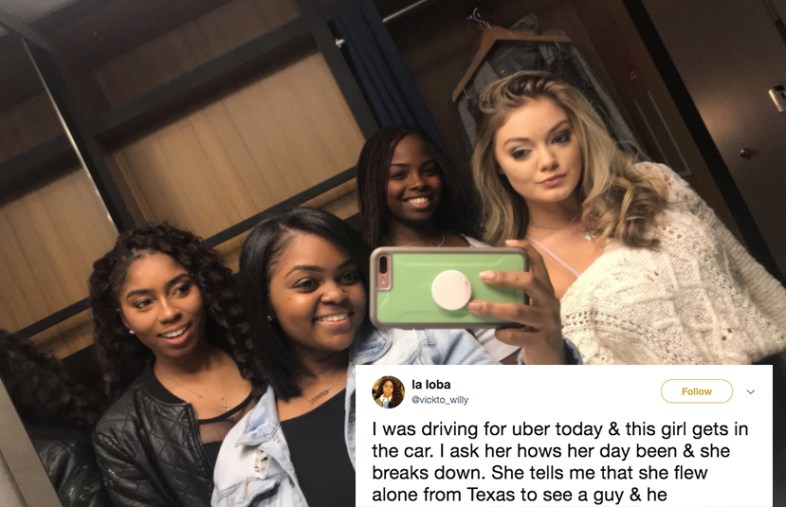 The girl and her uber driver and friends pose for a picture
