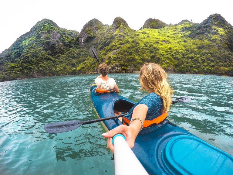 Couple kayaking in Quito, Ecuador with a Selfie Stick