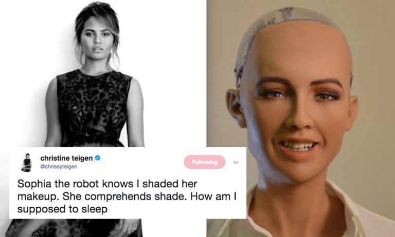 Chrissy Teigen and Sophia the Robot on Twitter
