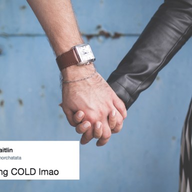 couple holding hands and a tweet about cold