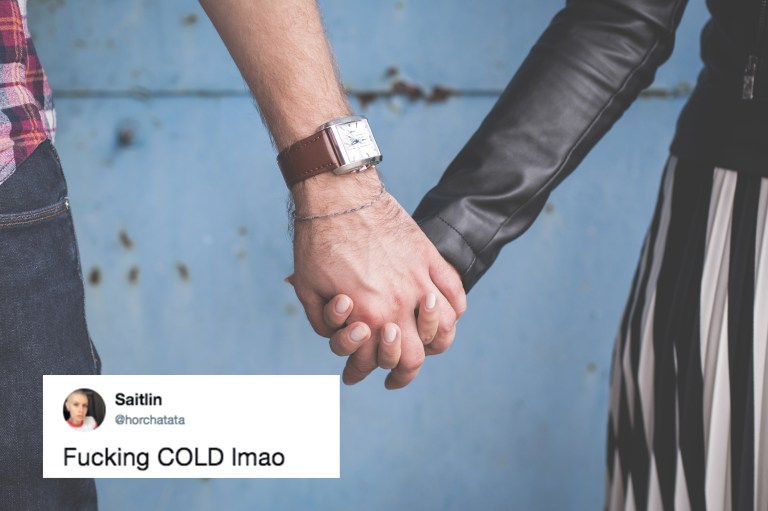 couple holding hands and a tweet about cold