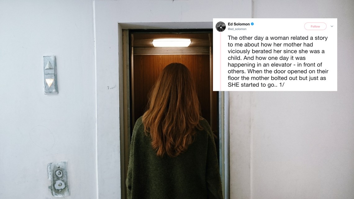 A woman entering a small elevator and a tweet about an act of random kindness