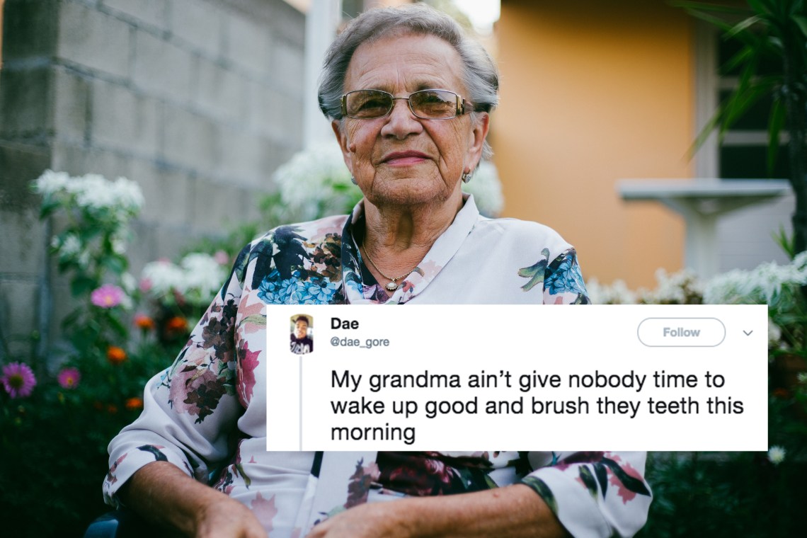 Grandma smiling at the camera and a tweet