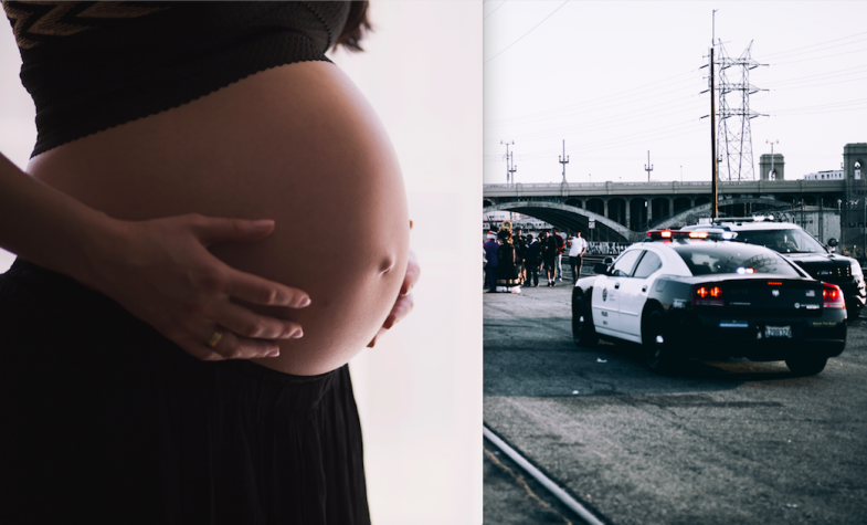 A pregnant woman and a police car